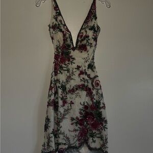 Sherri Hill Ivory Mini Dress with Burgundy and Green Embroidery